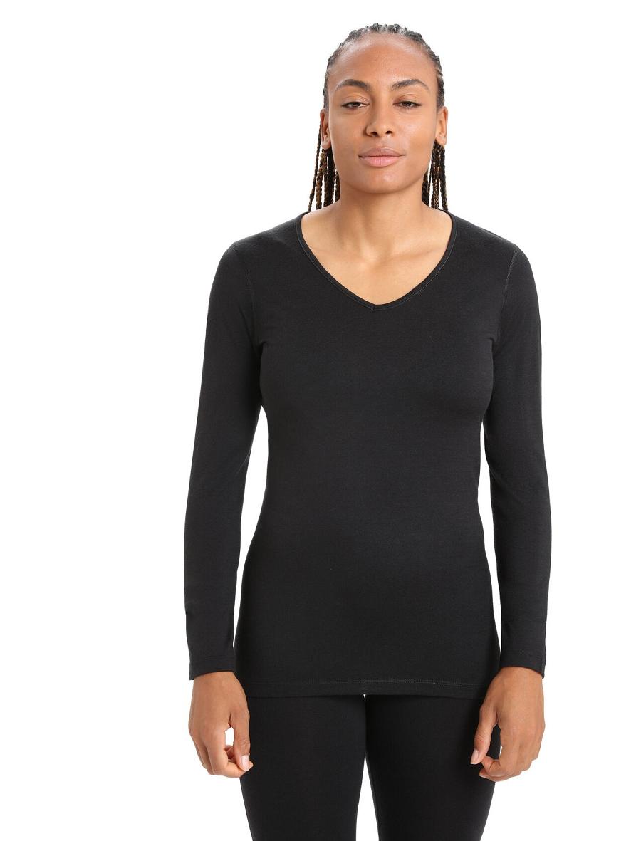 Black Icebreaker Merino 200 Oasis Long Sleeve V Neck Thermal Top Women's Base Layers | AU 1853RVDW